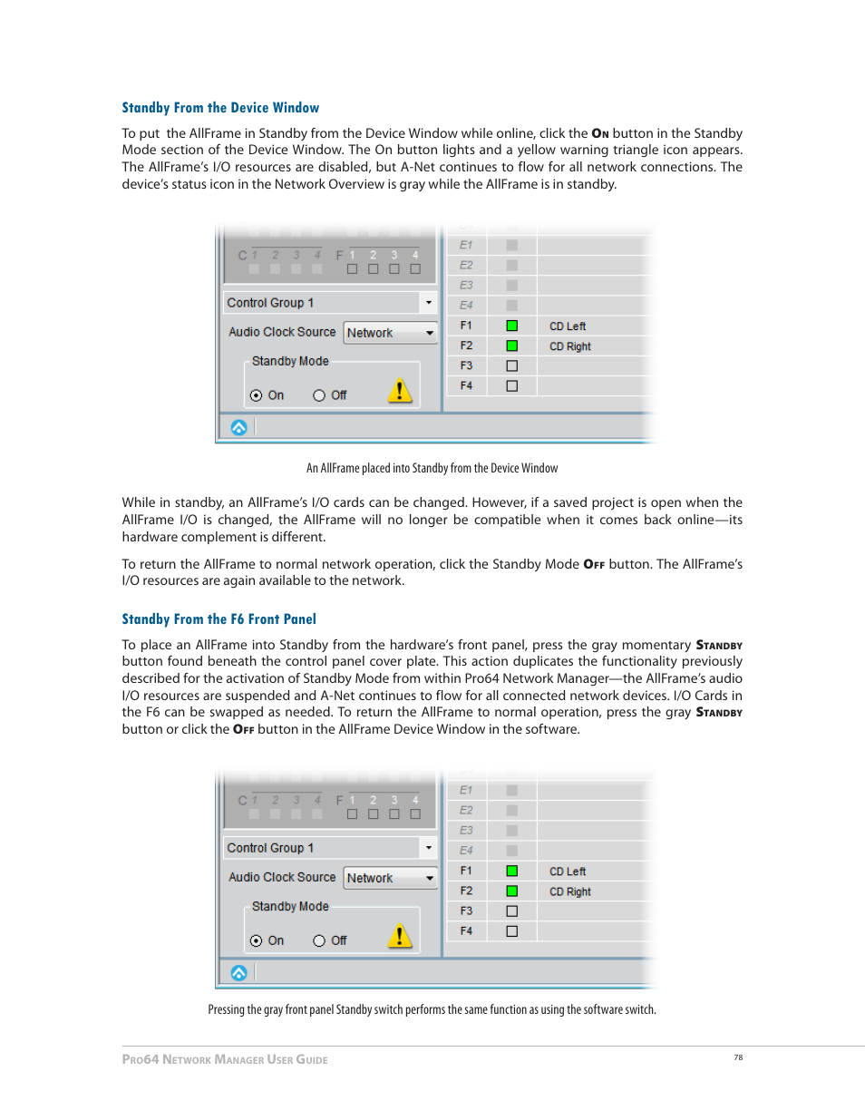 Standby from the device window, Standby from the f6 front panel | Aviom Pro64 Network Manager User Manual | Page 87 / 160