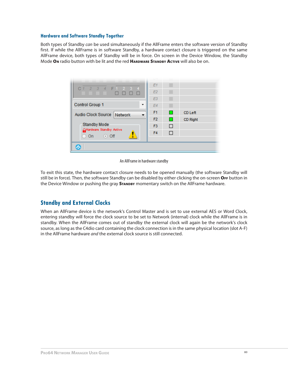 Hardware and software standby together, Standby and external clocks | Aviom Pro64 Network Manager User Manual | Page 89 / 160