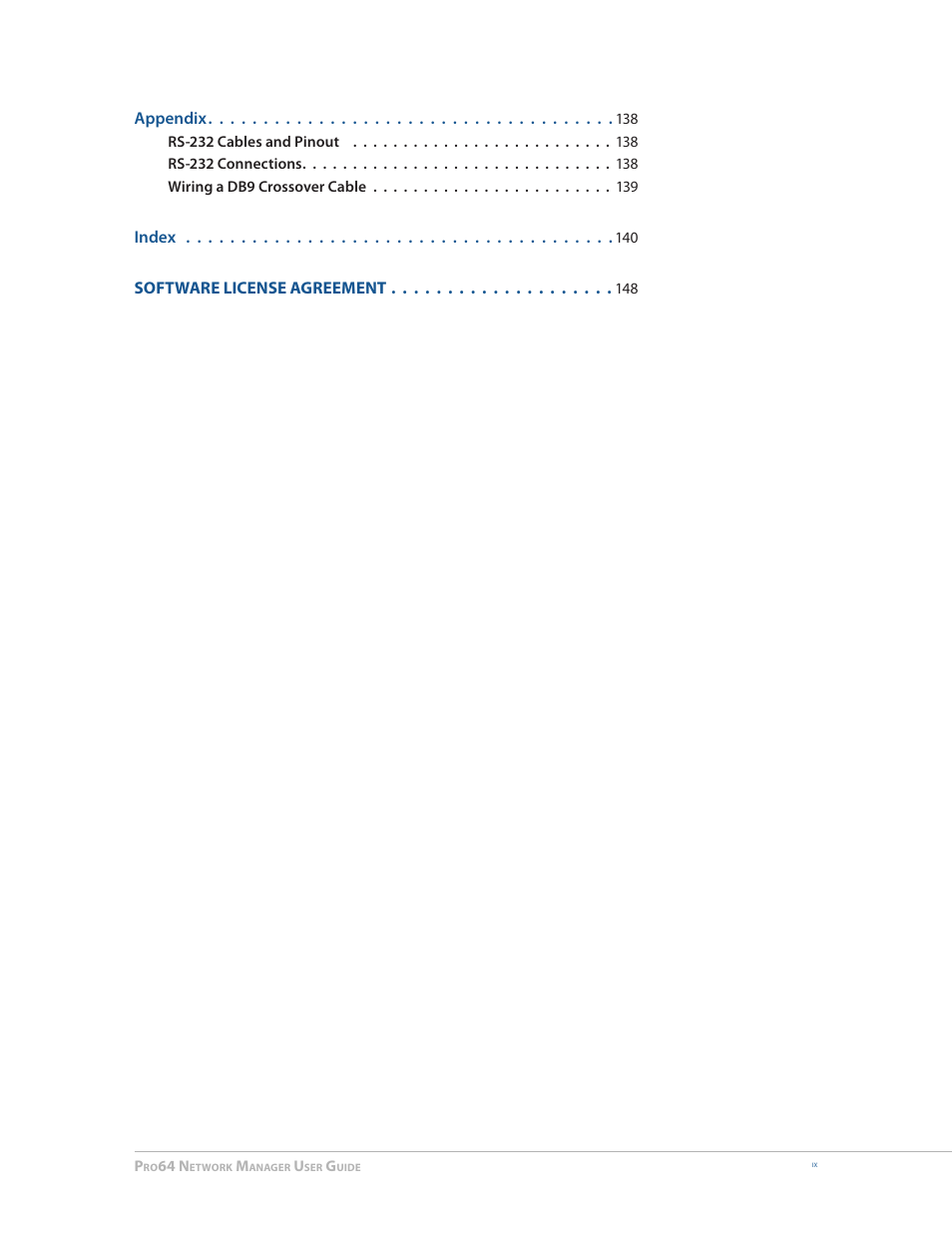 Appendix, Index, Software license agreement | Aviom Pro64 Network Manager User Manual | Page 9 / 160