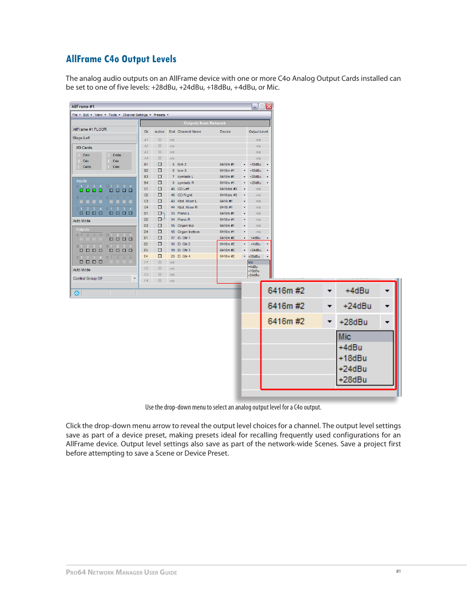 Allframe c4o output levels | Aviom Pro64 Network Manager User Manual | Page 90 / 160
