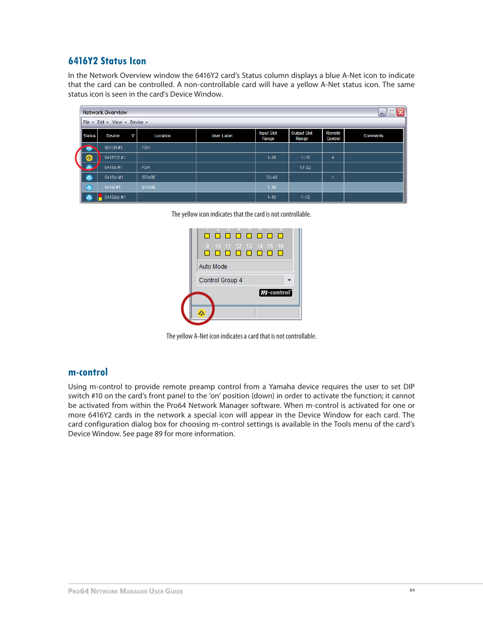 6416y2 status icon, M-control, 6416y2 status icon m‑control | Aviom Pro64 Network Manager User Manual | Page 93 / 160