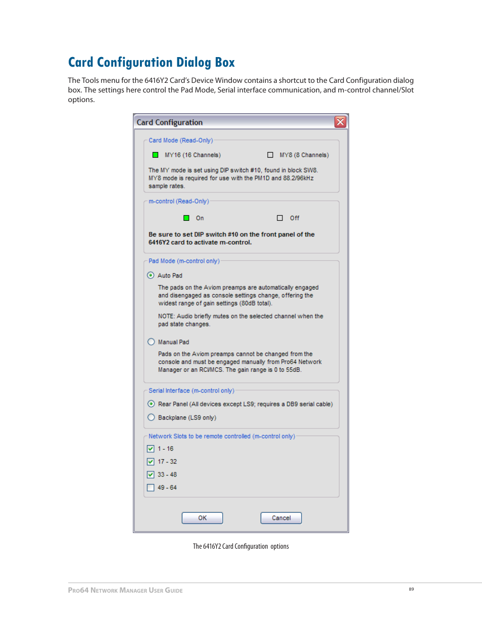 Card configuration dialog box, Card configuration dialog box 89 | Aviom Pro64 Network Manager User Manual | Page 98 / 160