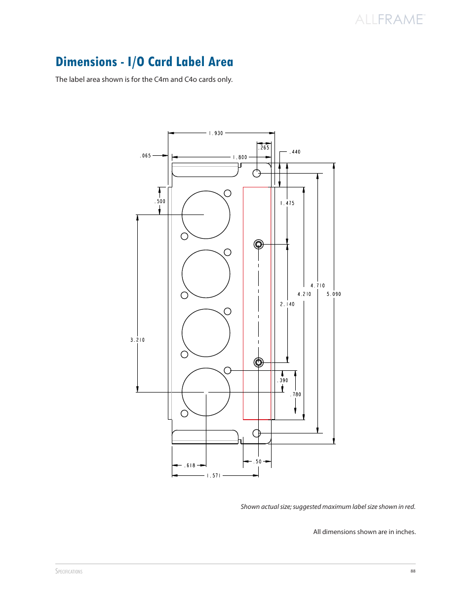 Dimensions - i/o card label area, All frame | Aviom AllFrame User Manual | Page 100 / 111