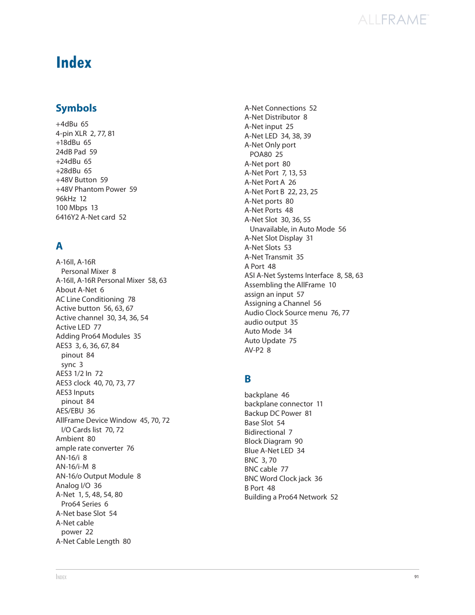 Index, All frame, Symbols | Aviom AllFrame User Manual | Page 103 / 111