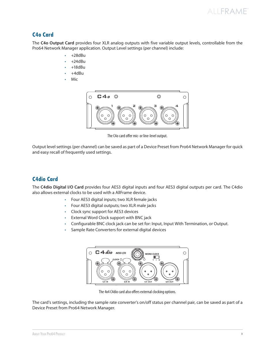 C4o card, C4dio card, C4o card c4dio card | All frame | Aviom AllFrame User Manual | Page 15 / 111