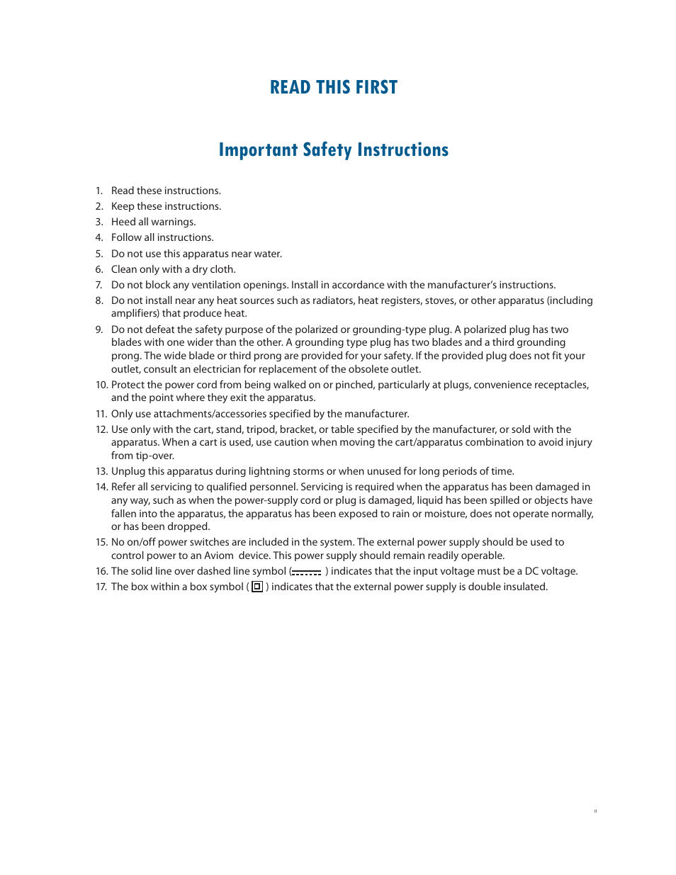 Read this first important safety instructions | Aviom AllFrame User Manual | Page 2 / 111
