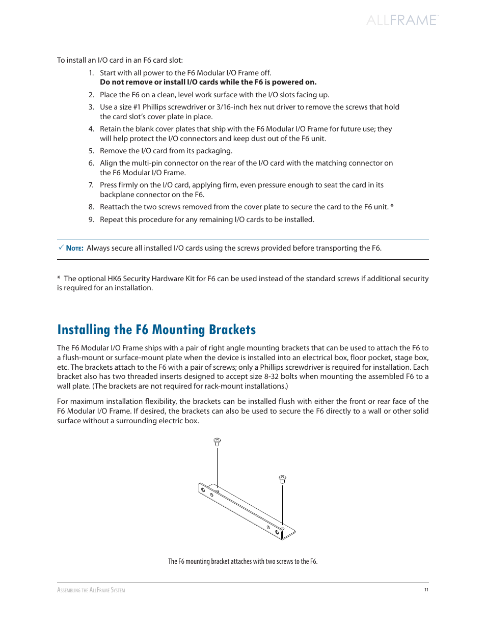 Installing the f6 mounting brackets, All frame | Aviom AllFrame User Manual | Page 23 / 111