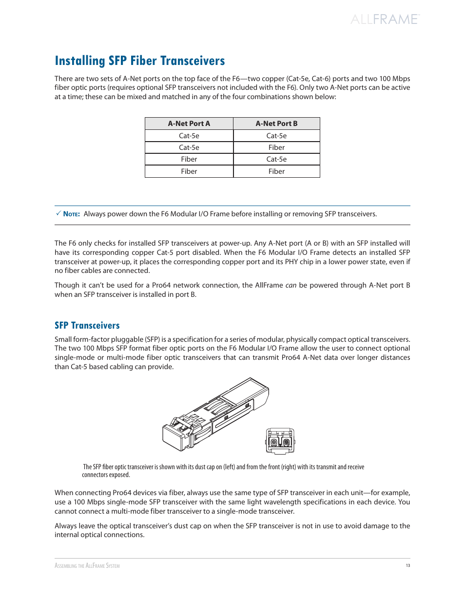 Installing sfp fiber transceivers, Sfp transceivers, Installing sfp fiber transceivers sfp transceivers | All frame | Aviom AllFrame User Manual | Page 25 / 111