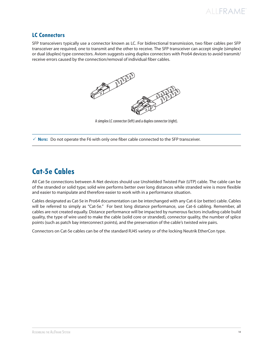 Lc connectors, Cat-5e cables, Lc connectors cat-5e cables | All frame | Aviom AllFrame User Manual | Page 26 / 111