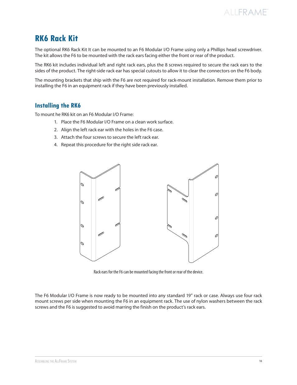 Rk6 rack kit, Installing the rk6, Rk6 rack kit installing the rk6 | All frame | Aviom AllFrame User Manual | Page 28 / 111