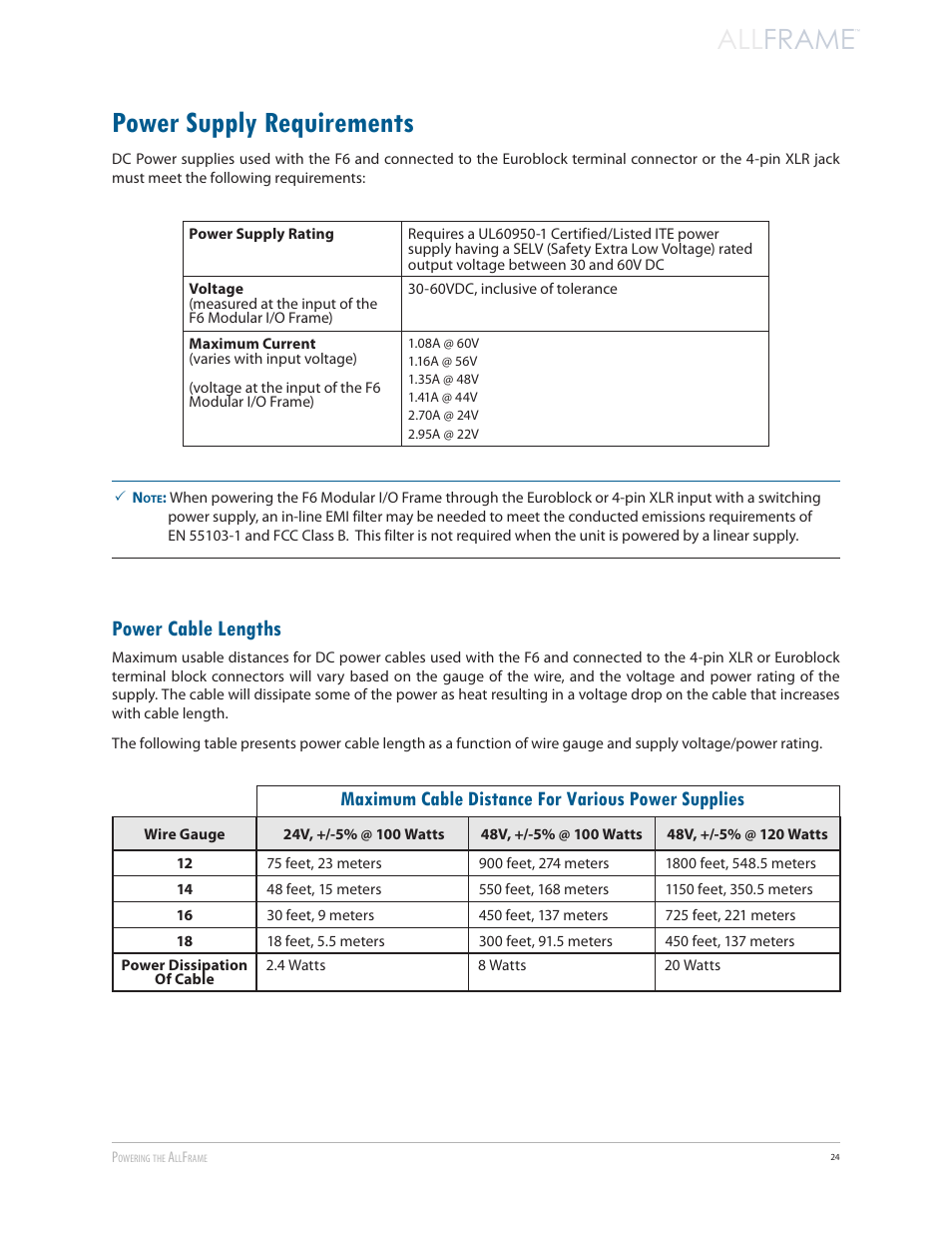 Power supply requirements, Power cable lengths, Power supply requirements power cable lengths | All frame, Maximum cable distance for various power supplies | Aviom AllFrame User Manual | Page 36 / 111