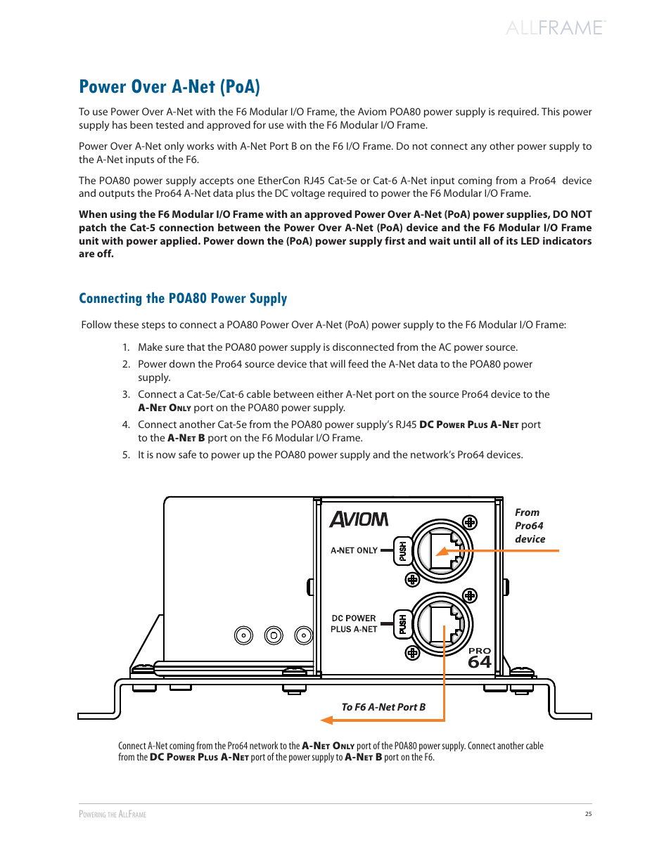 Power over a-net (poa), Connecting the poa80 power supply, All frame | Aviom AllFrame User Manual | Page 37 / 111