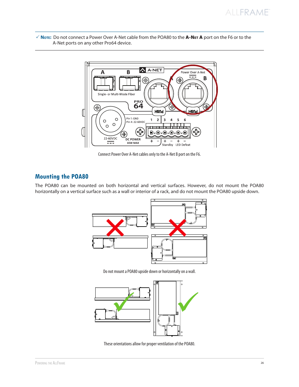 Mounting the poa80, All frame | Aviom AllFrame User Manual | Page 38 / 111