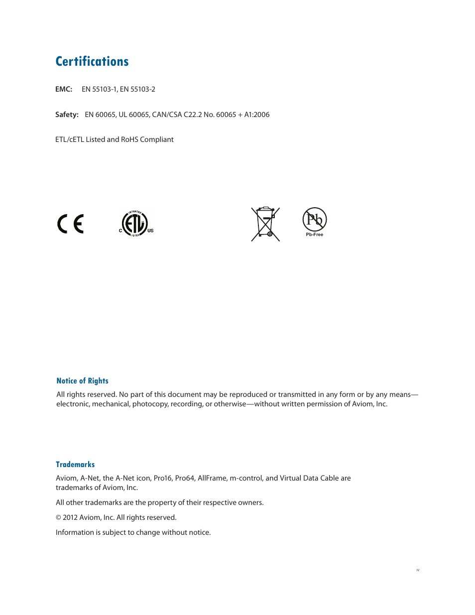 Certifications | Aviom AllFrame User Manual | Page 4 / 111