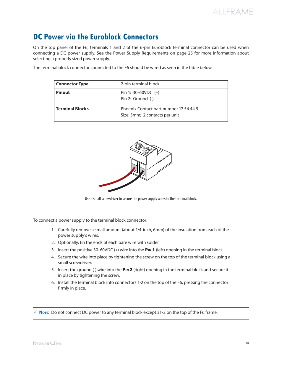 Dc power via the euroblock connectors, All frame | Aviom AllFrame User Manual | Page 40 / 111