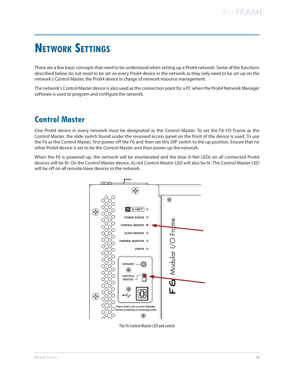 Network settings, Control master, Etwork | Ettings, Allframe, All frame | Aviom AllFrame User Manual | Page 45 / 111