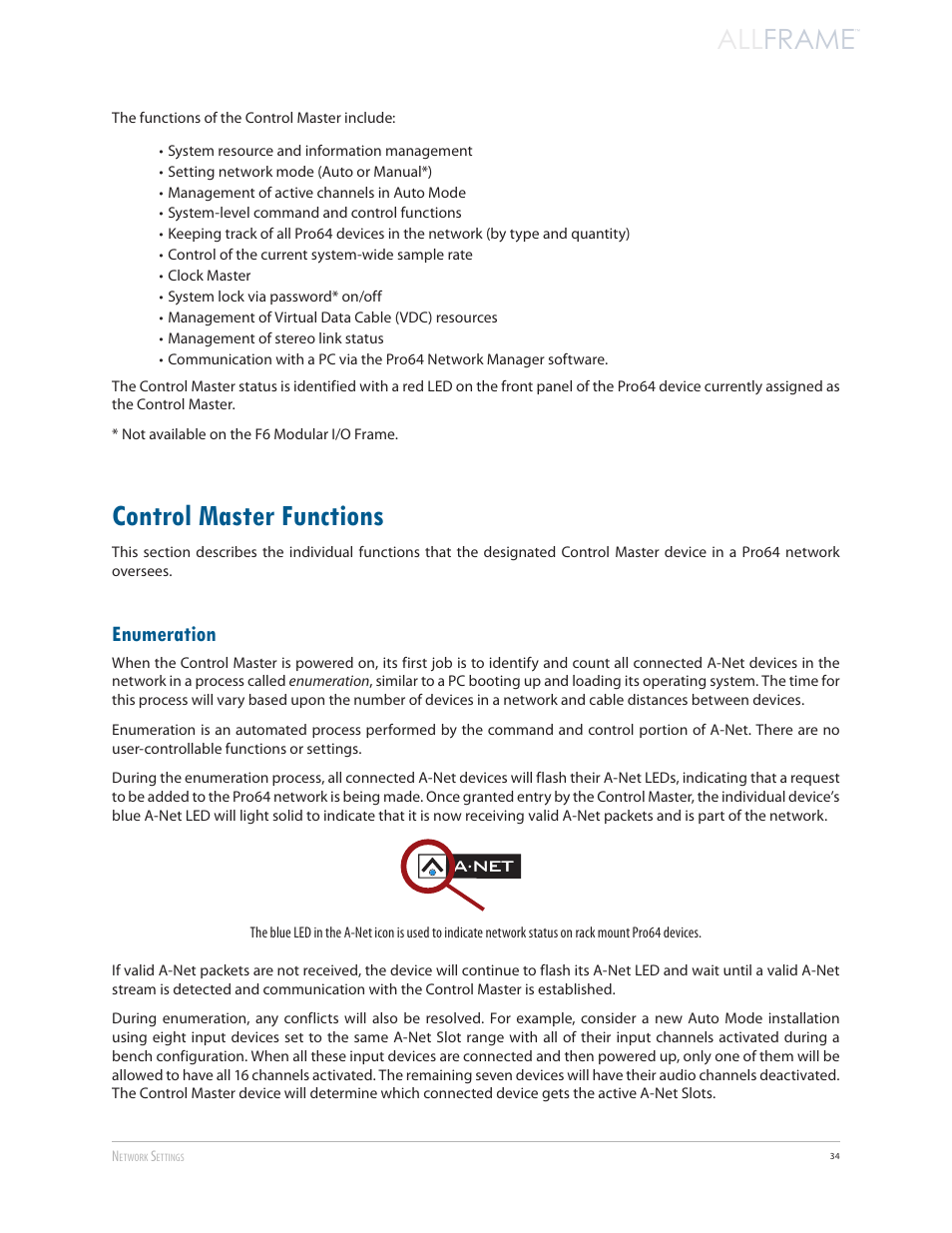 Control master functions, Enumeration, Control master functions enumeration | All frame | Aviom AllFrame User Manual | Page 46 / 111
