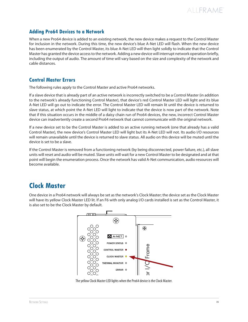 Adding pro64 devices to a network, Control master errors, Clock master | Allframe, All frame, Modular i/o frame | Aviom AllFrame User Manual | Page 47 / 111