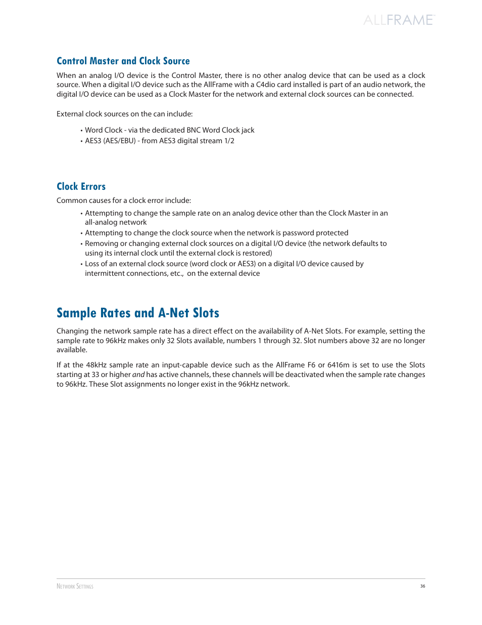 Control master and clock source, Clock errors, Sample rates and a-net slots | All frame | Aviom AllFrame User Manual | Page 48 / 111