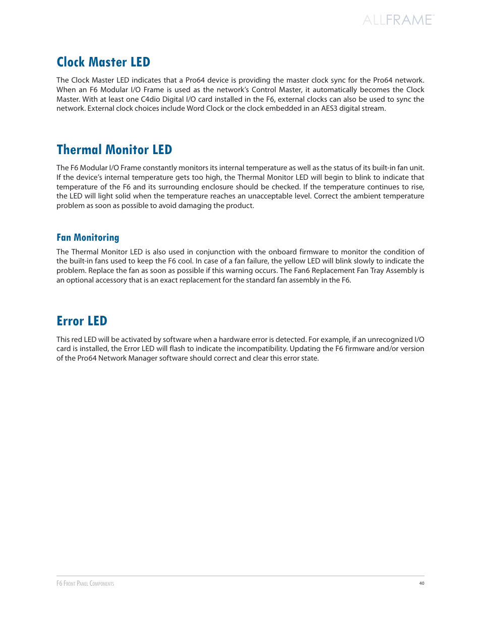 Clock master led, Thermal monitor led, Fan monitoring | Error led, All frame | Aviom AllFrame User Manual | Page 52 / 111