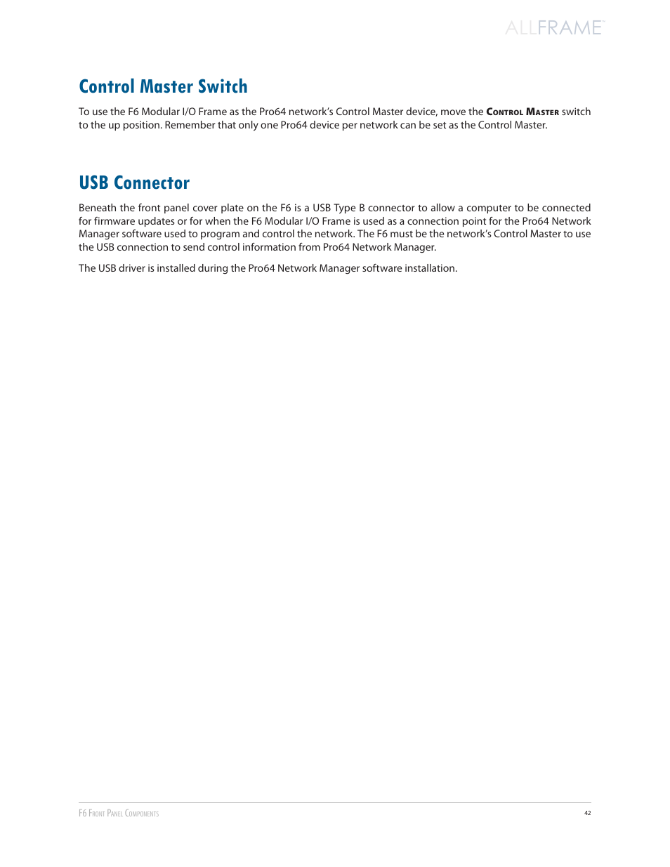 Control master switch, Usb connector, Control master switch usb connector | All frame | Aviom AllFrame User Manual | Page 54 / 111