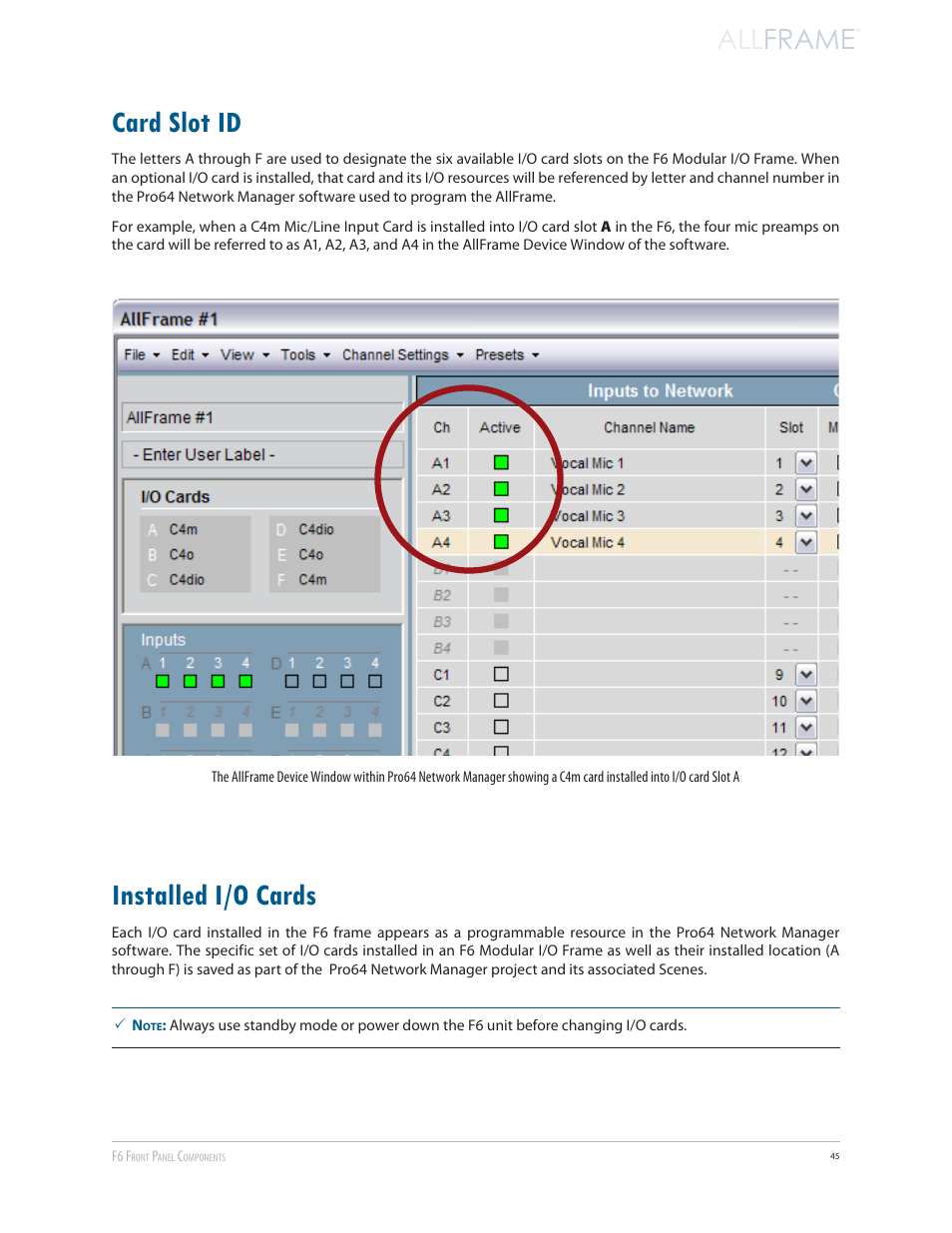 Card slot id, Installed i/o cards, Card slot id installed i/o cards | All frame | Aviom AllFrame User Manual | Page 57 / 111