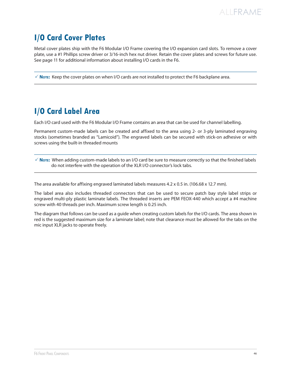 I/o card cover plates, I/o card label area, I/o card cover plates i/o card label area | All frame | Aviom AllFrame User Manual | Page 58 / 111