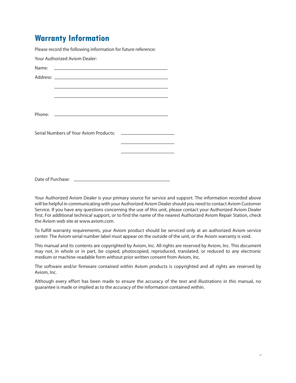 Warranty information | Aviom AllFrame User Manual | Page 6 / 111