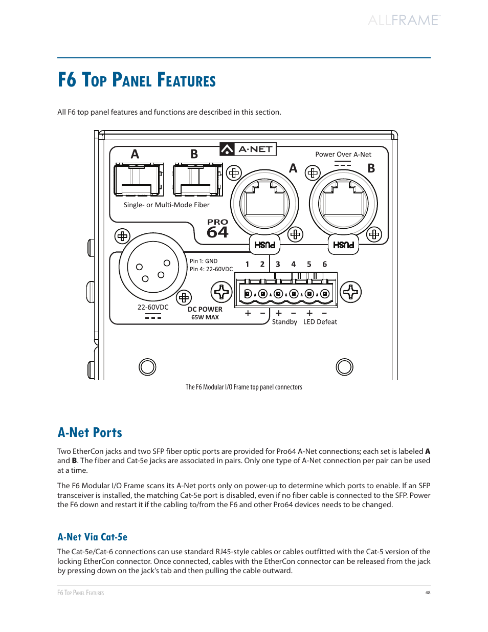 F6 top panel features, A-net ports, A-net via cat-5e | A-net ports a-net via cat-5e, F6 t, Anel, Eatures, All frame | Aviom AllFrame User Manual | Page 60 / 111
