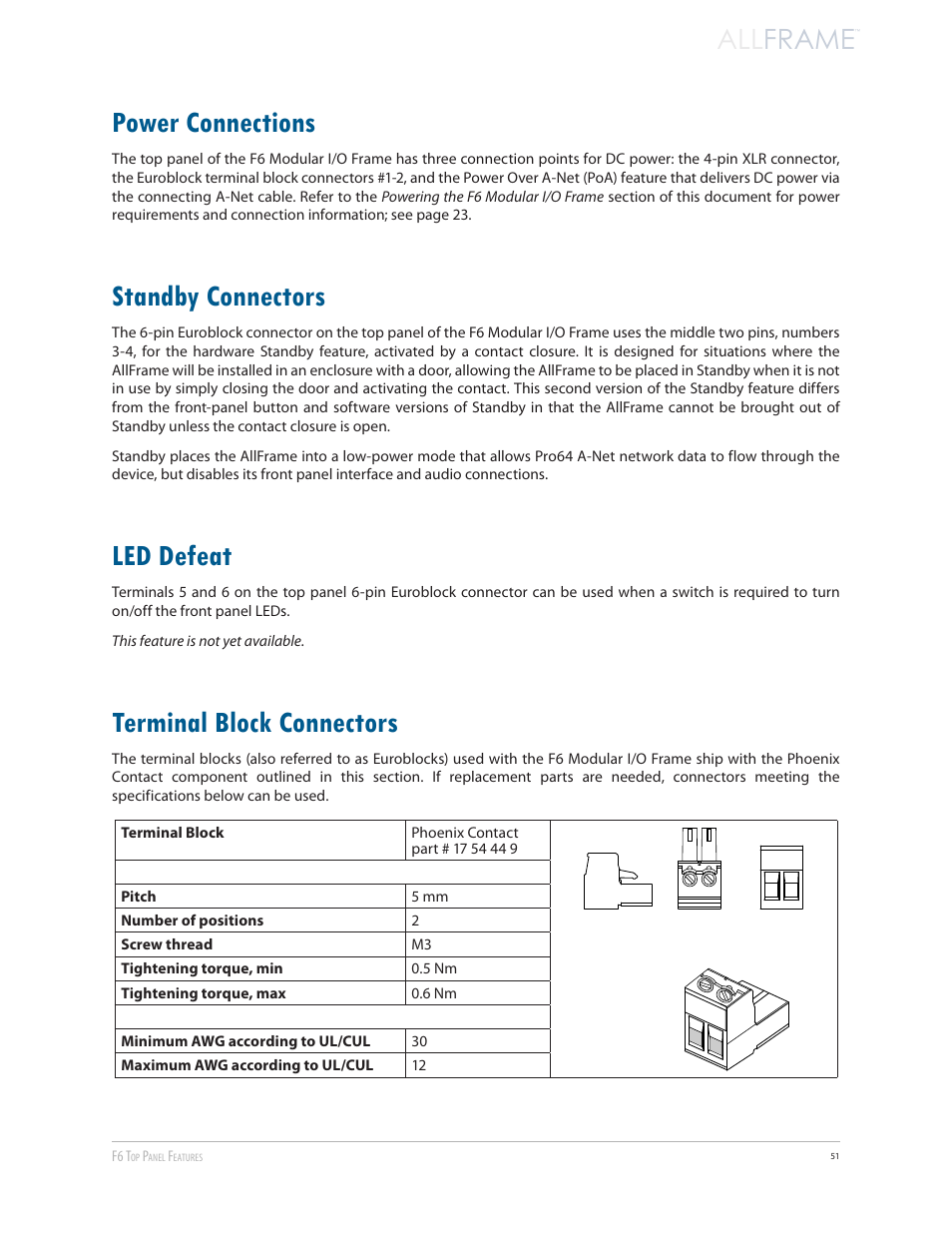 Power connections, Standby connectors, Led defeat | Terminal block connectors, All frame | Aviom AllFrame User Manual | Page 63 / 111