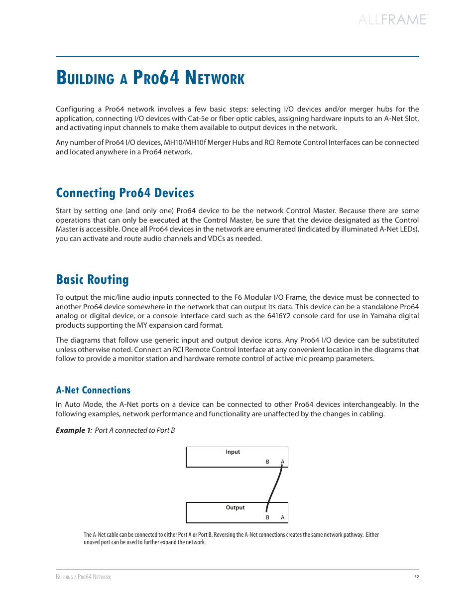 Building a pro64 network, Connecting pro64 devices, Basic routing | A-net connections, 64 n, Uilding, Etwork, All frame | Aviom AllFrame User Manual | Page 64 / 111