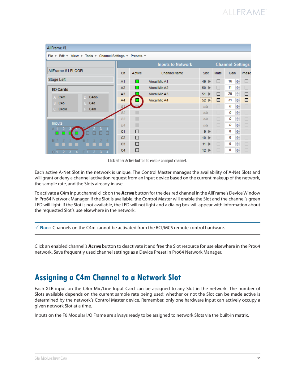 Assigning a c4m channel to a network slot, All frame | Aviom AllFrame User Manual | Page 68 / 111
