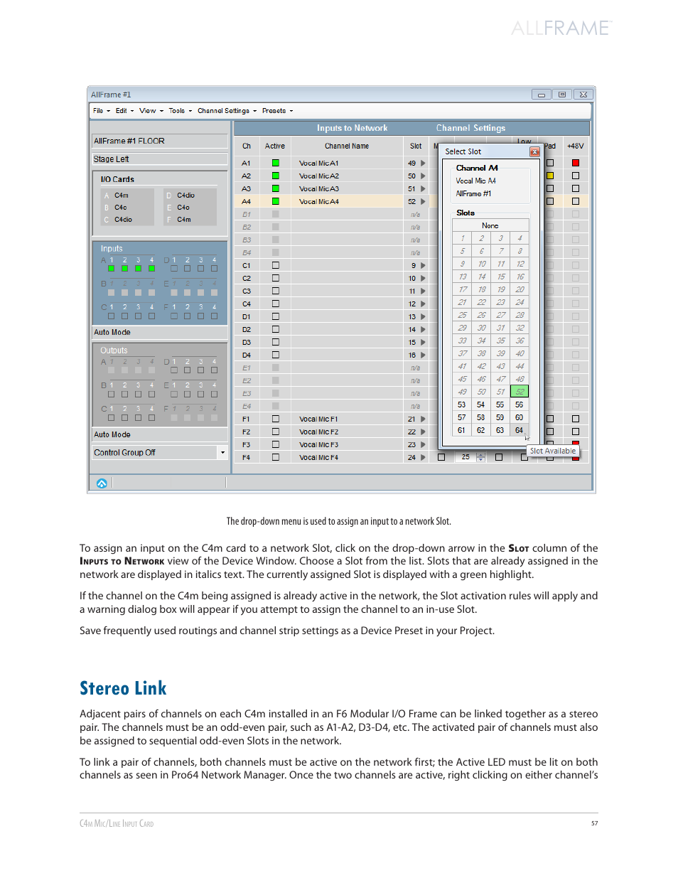 Stereo link, All frame | Aviom AllFrame User Manual | Page 69 / 111