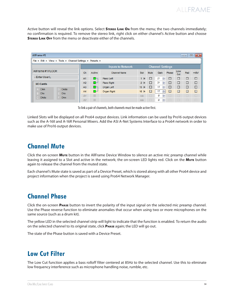 Channel mute, Channel phase, Low cut filter | Channel mute channel phase low cut filter, All frame | Aviom AllFrame User Manual | Page 70 / 111