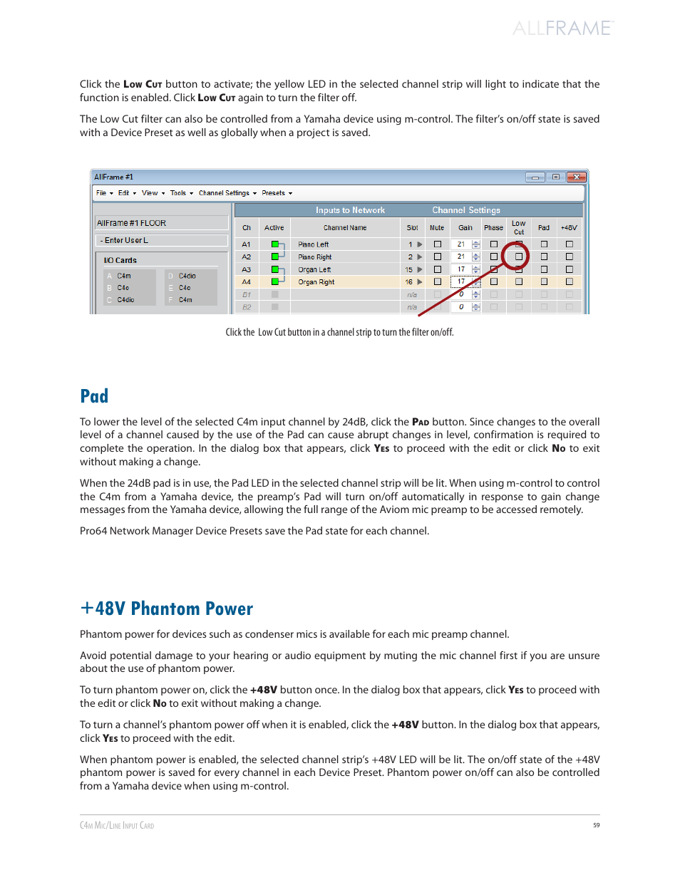 48v phantom power, Pad +48v phantom power, All frame | Aviom AllFrame User Manual | Page 71 / 111