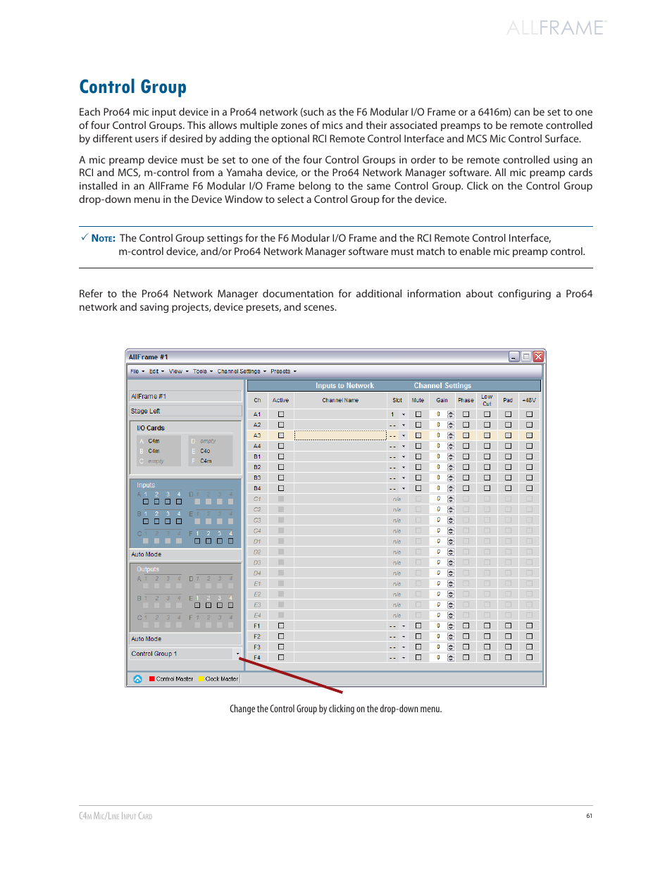 Control group, All frame | Aviom AllFrame User Manual | Page 73 / 111