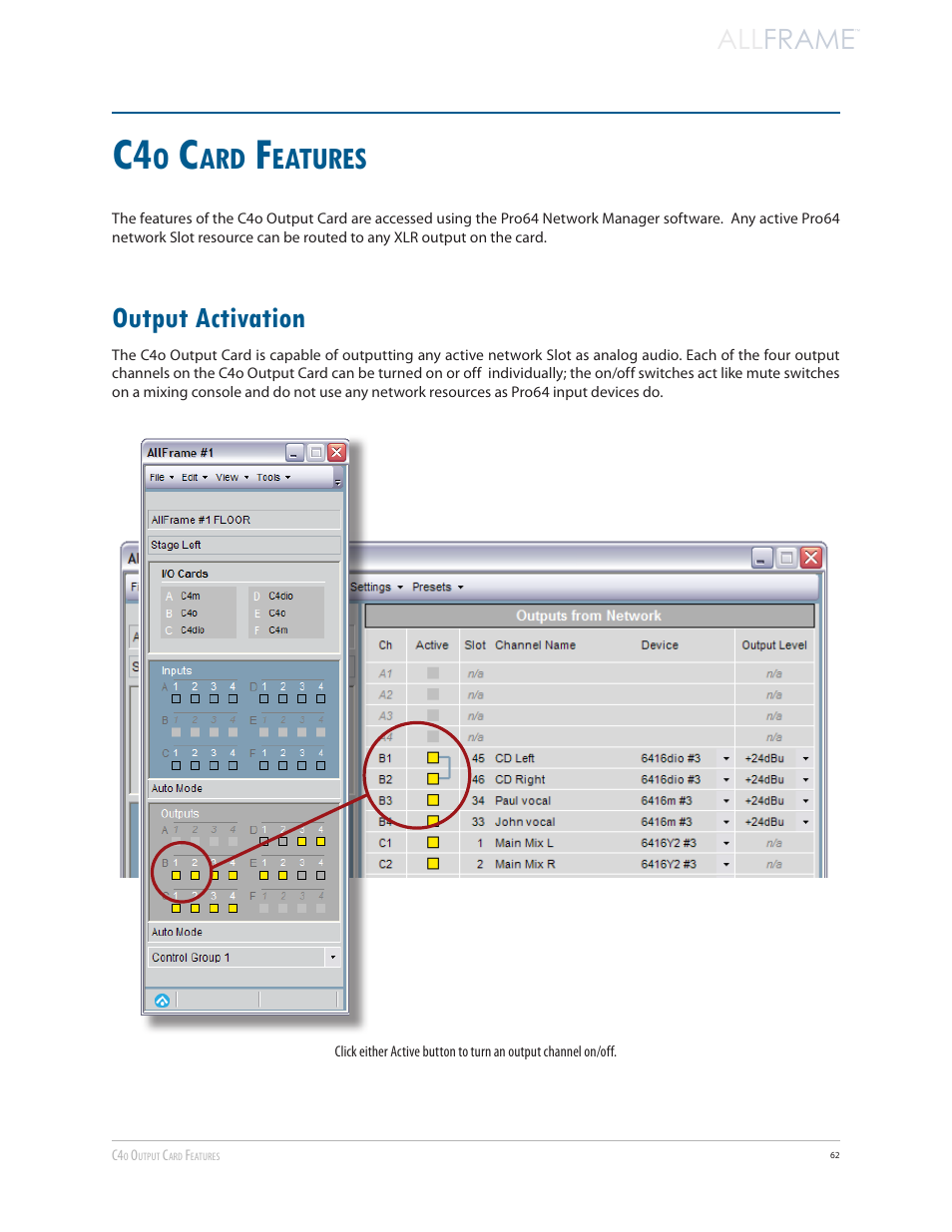 C4o card features, Output activation, Eatures | All frame | Aviom AllFrame User Manual | Page 74 / 111