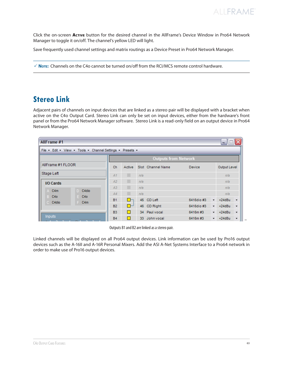 Stereo link, All frame | Aviom AllFrame User Manual | Page 75 / 111