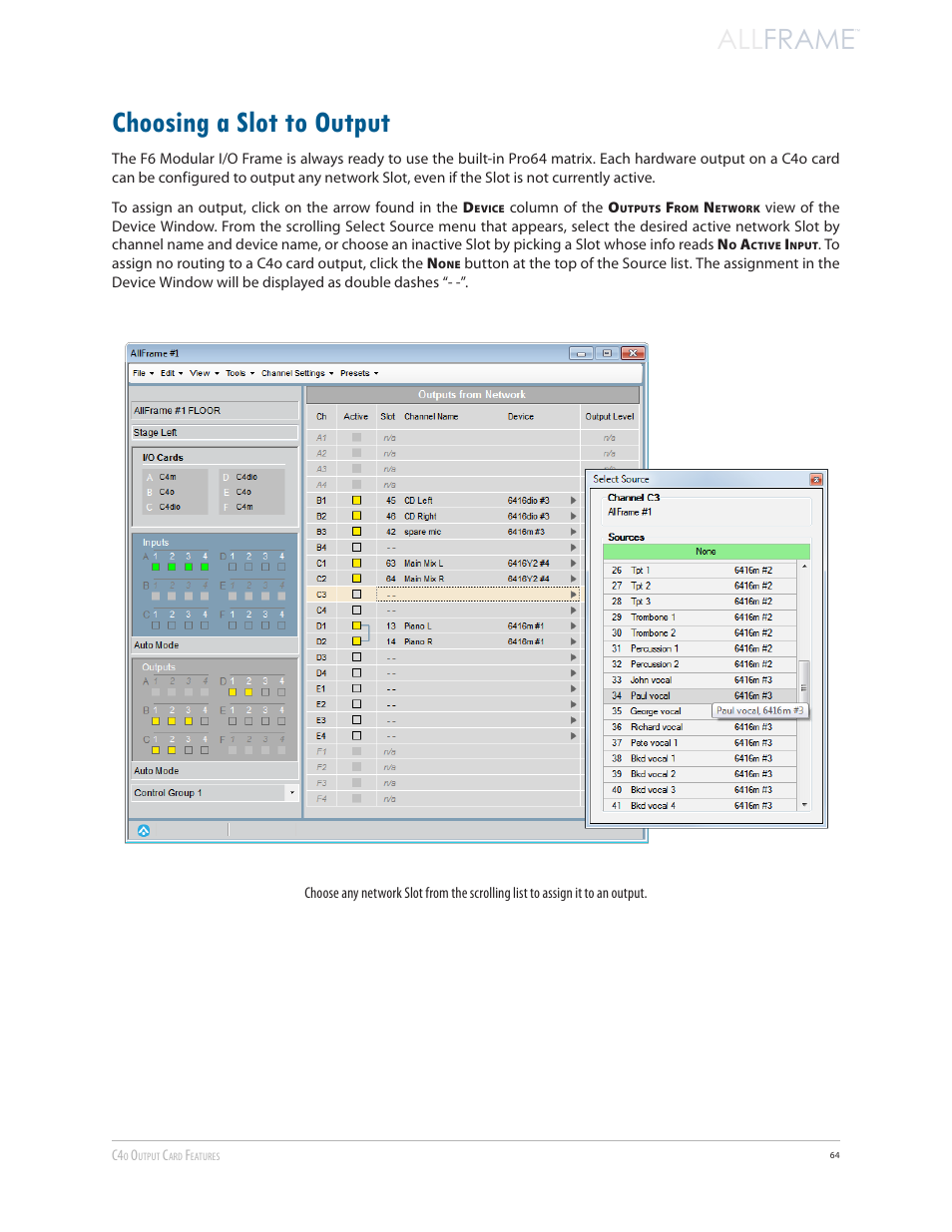 Choosing a slot to output, All frame | Aviom AllFrame User Manual | Page 76 / 111