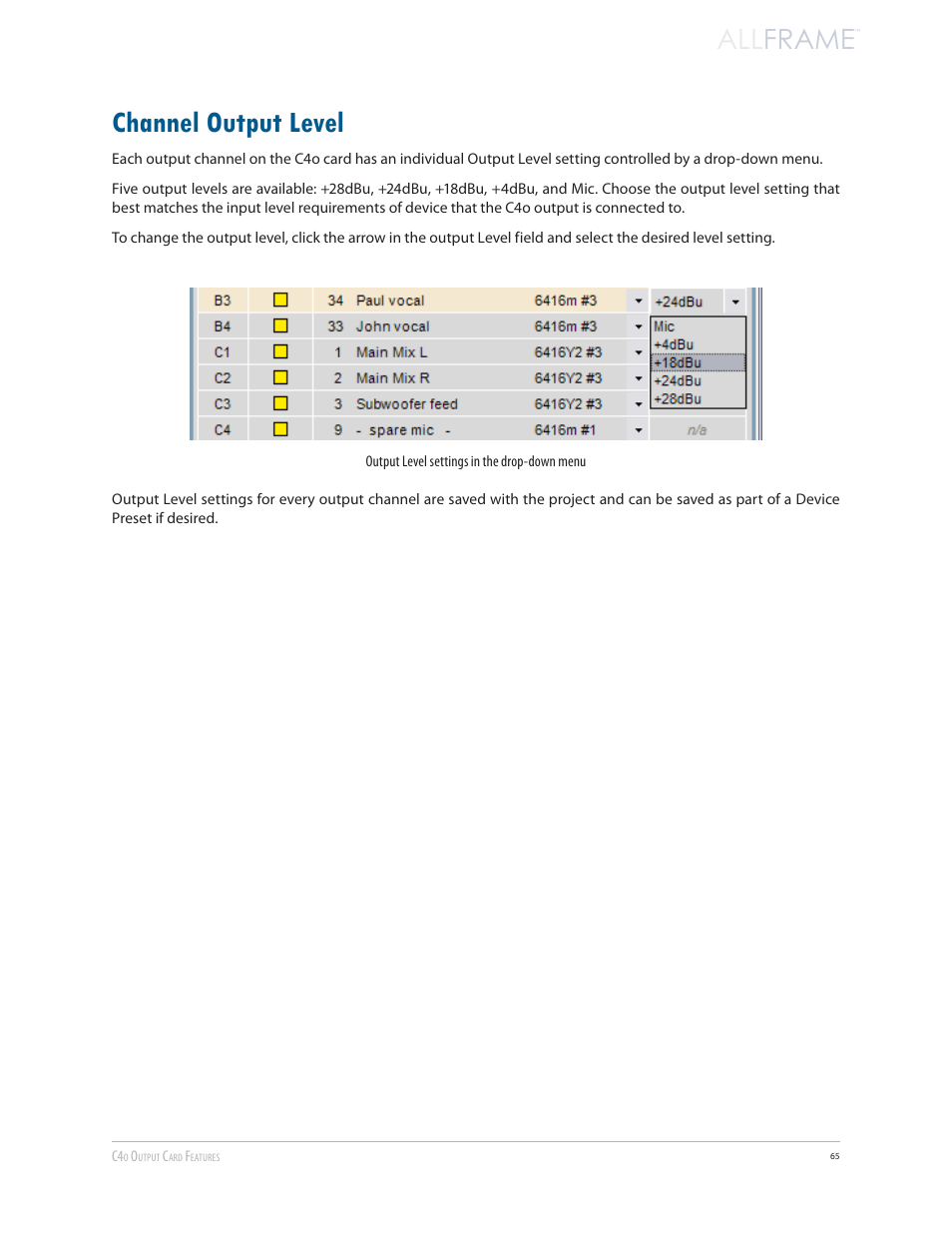 Channel output level, All frame | Aviom AllFrame User Manual | Page 77 / 111