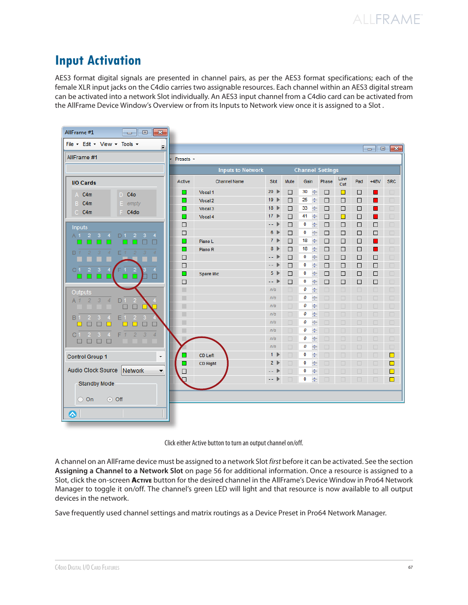 Input activation, All frame | Aviom AllFrame User Manual | Page 79 / 111