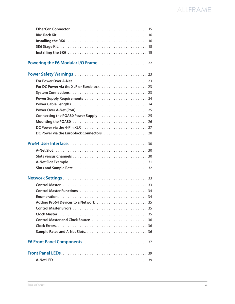 All frame | Aviom AllFrame User Manual | Page 8 / 111