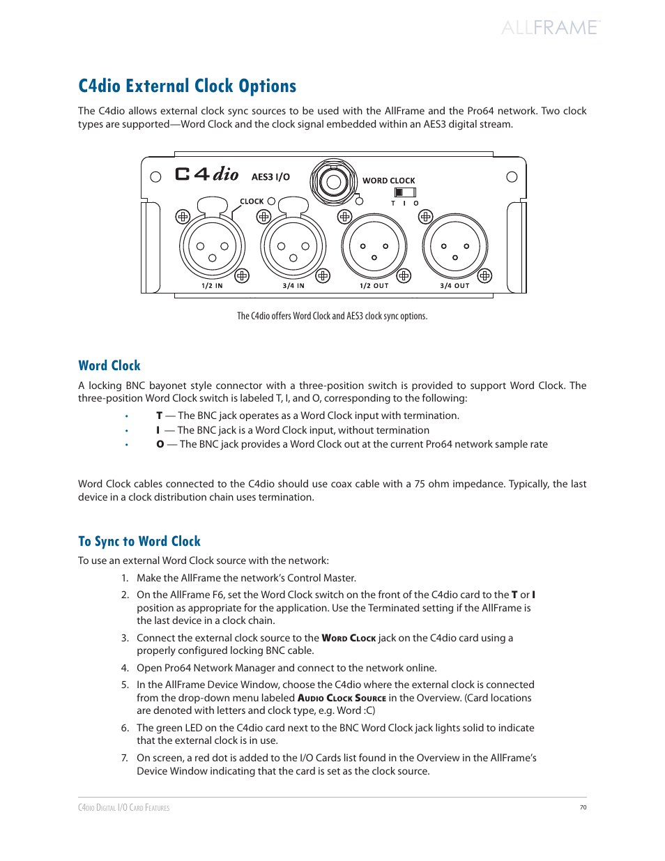 C4dio external clock options, Word clock, To sync to word clock | All frame | Aviom AllFrame User Manual | Page 82 / 111