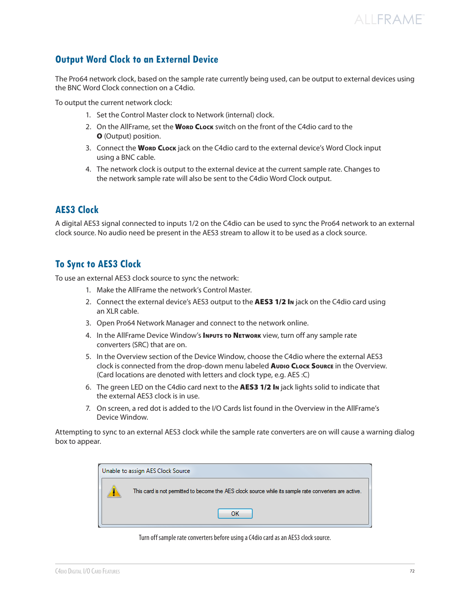 Output word clock to an external device, Aes3 clock, To sync to aes3 clock | All frame | Aviom AllFrame User Manual | Page 84 / 111
