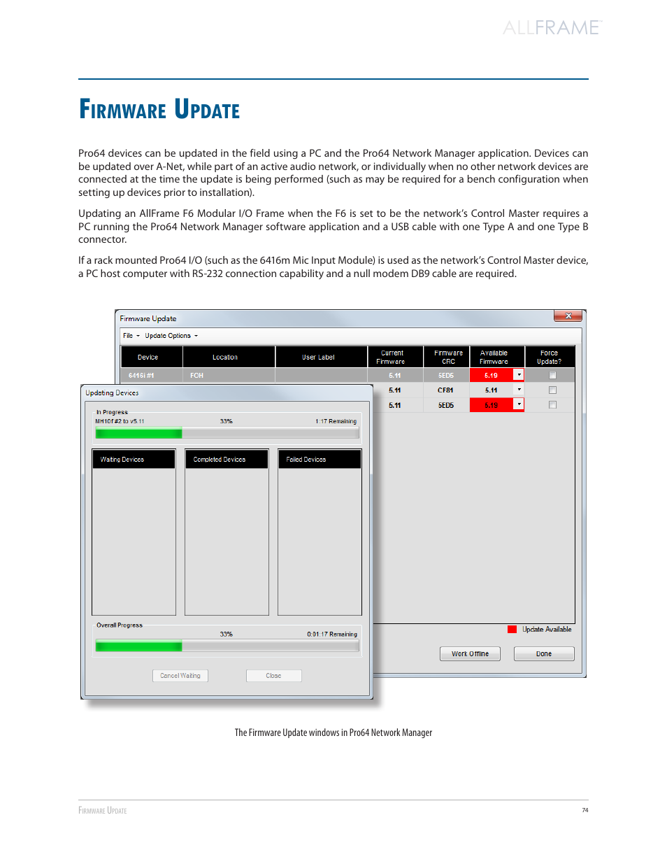 Firmware update, Irmware, Pdate | All frame | Aviom AllFrame User Manual | Page 86 / 111