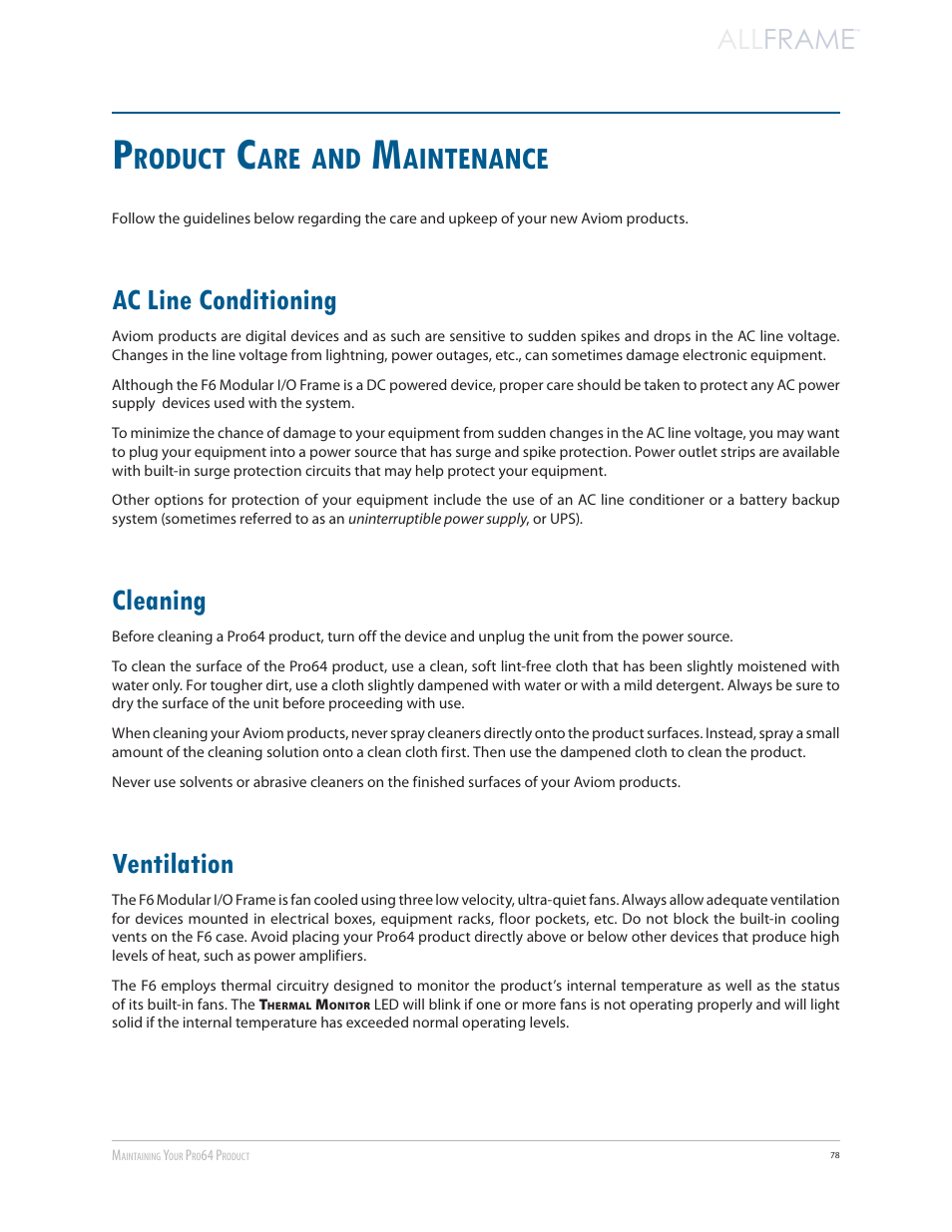 Product care and maintenance, Ac line conditioning, Cleaning | Ventilation, Ac line conditioning cleaning ventilation, Roduct, Aintenance, All frame | Aviom AllFrame User Manual | Page 90 / 111