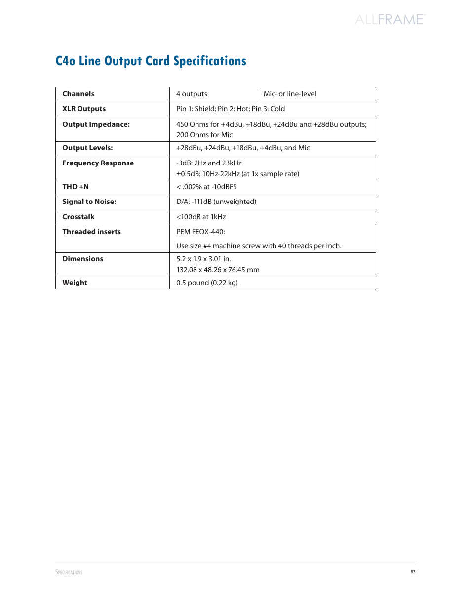 C4o line output card specifications, All frame | Aviom AllFrame User Manual | Page 95 / 111