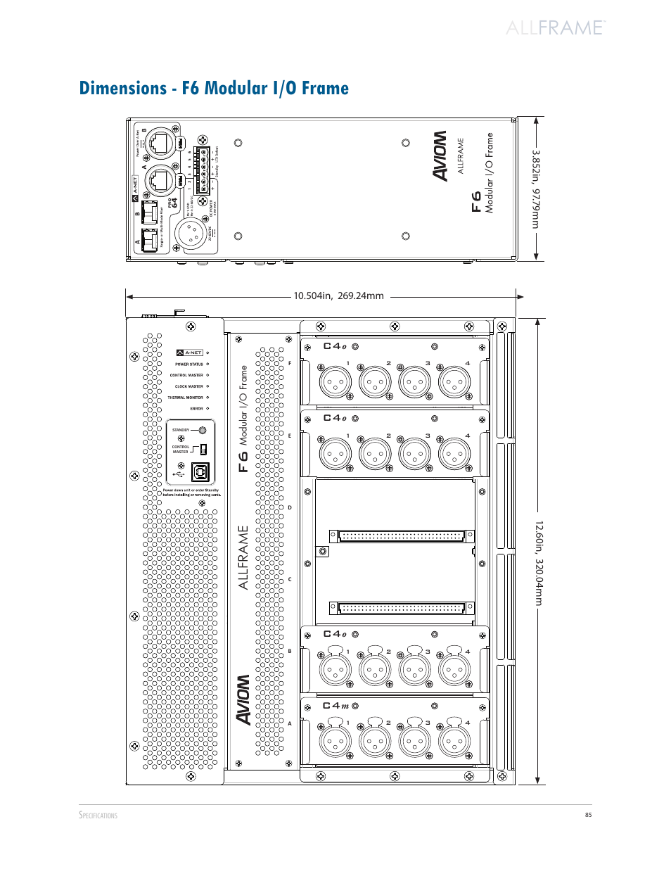 Dimensions - f6 modular i/o frame, All frame, Allframe | Aviom AllFrame User Manual | Page 97 / 111