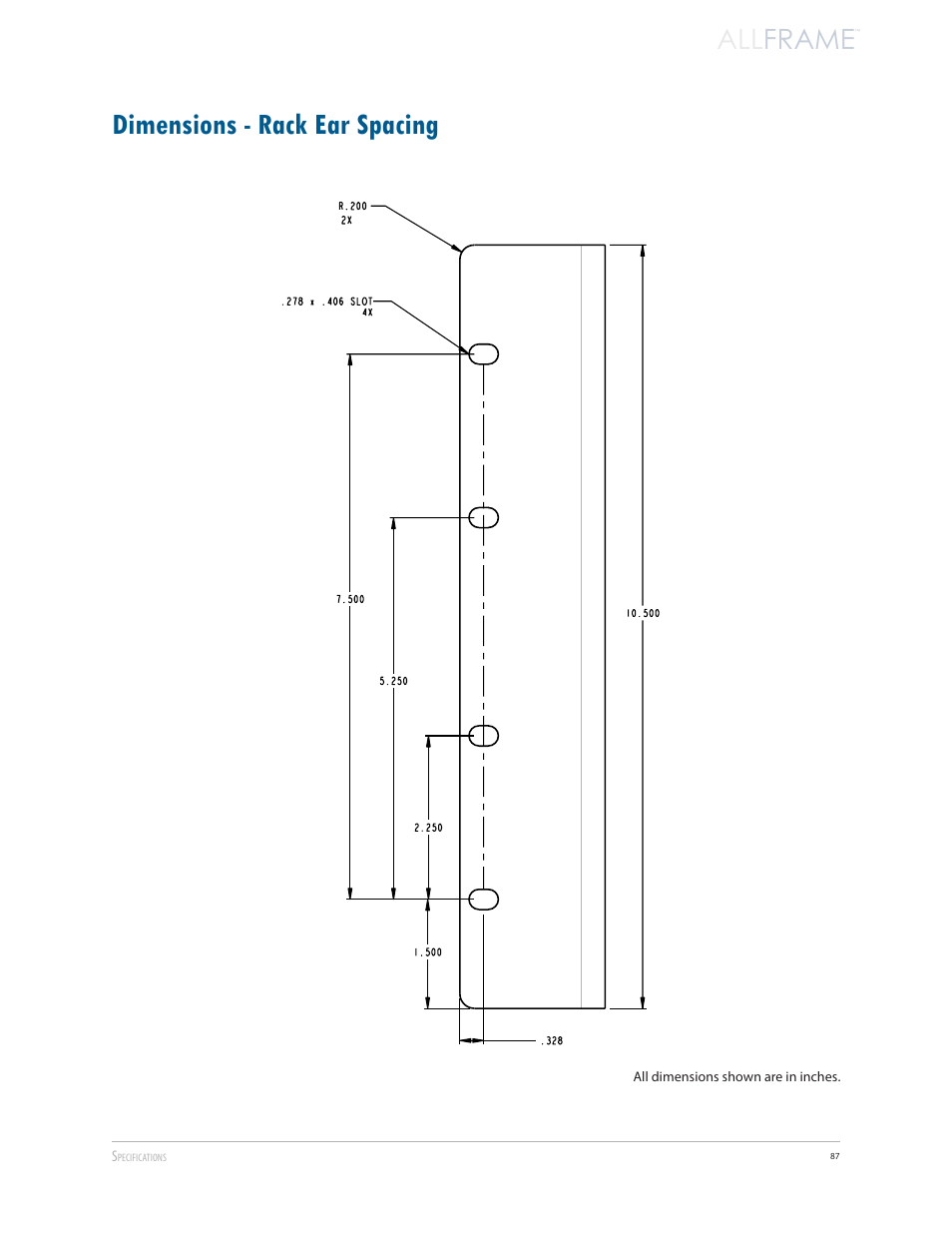 Dimensions - rack ear spacing, All frame | Aviom AllFrame User Manual | Page 99 / 111