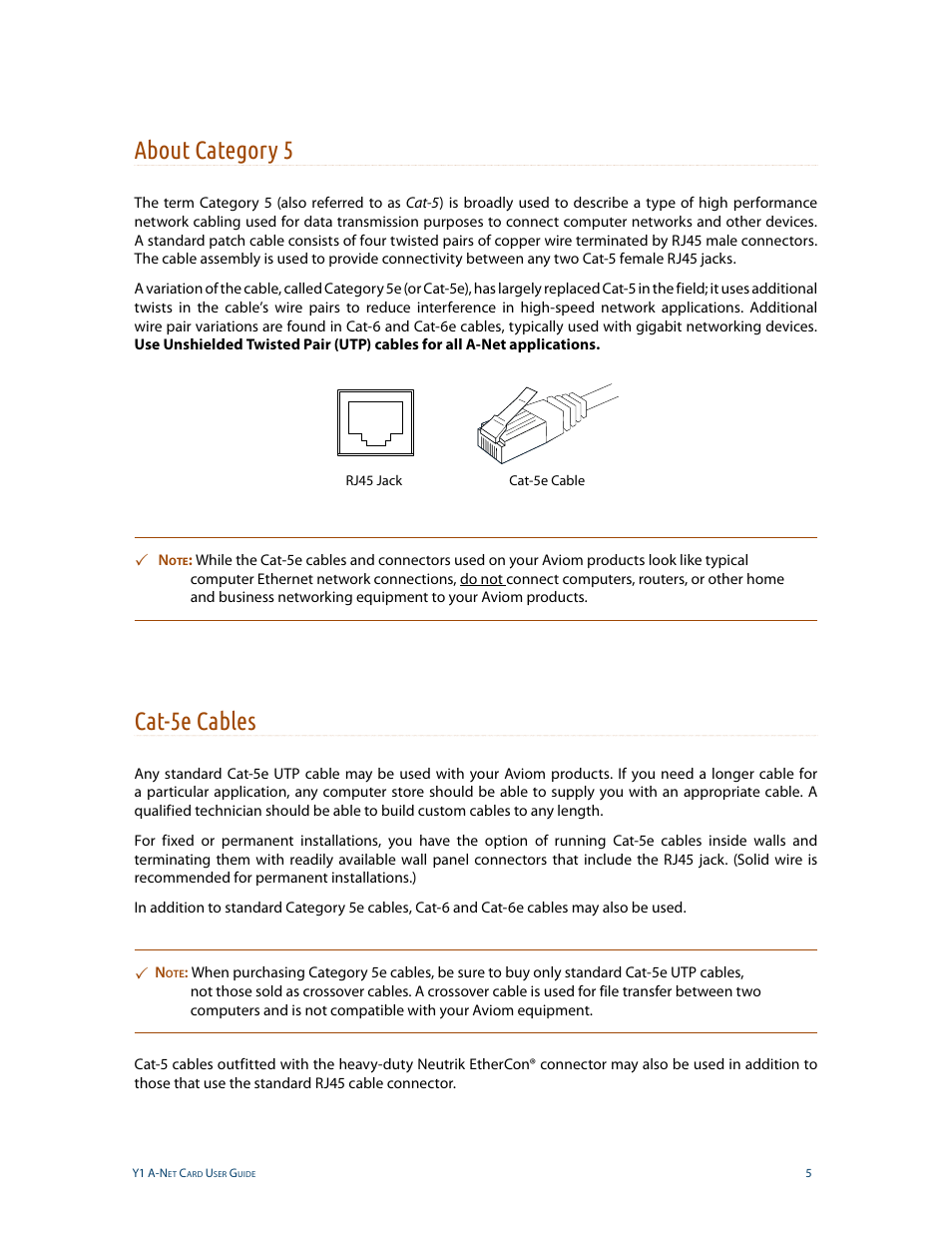 About category 5, Cat-5e cables, About category 5 cat-5e cables | Aviom Aviom16/o-Y1 User Manual | Page 12 / 29